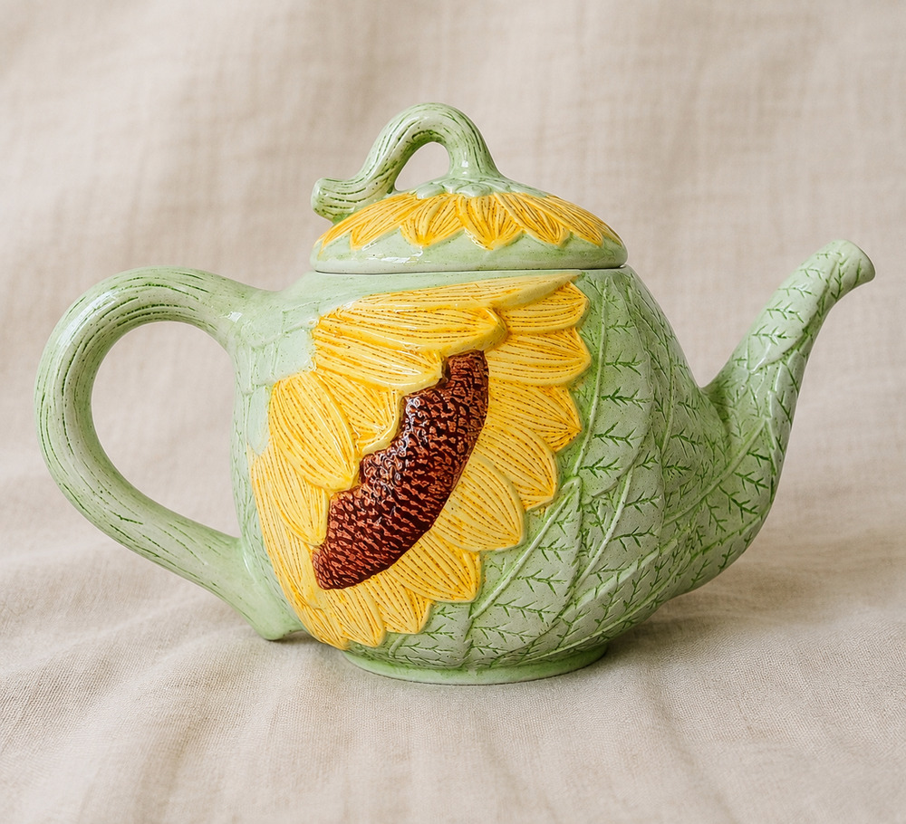 Vintage Seymour Mann Sunflower Teapot | 1990s Hand Painted Faience Ceramic